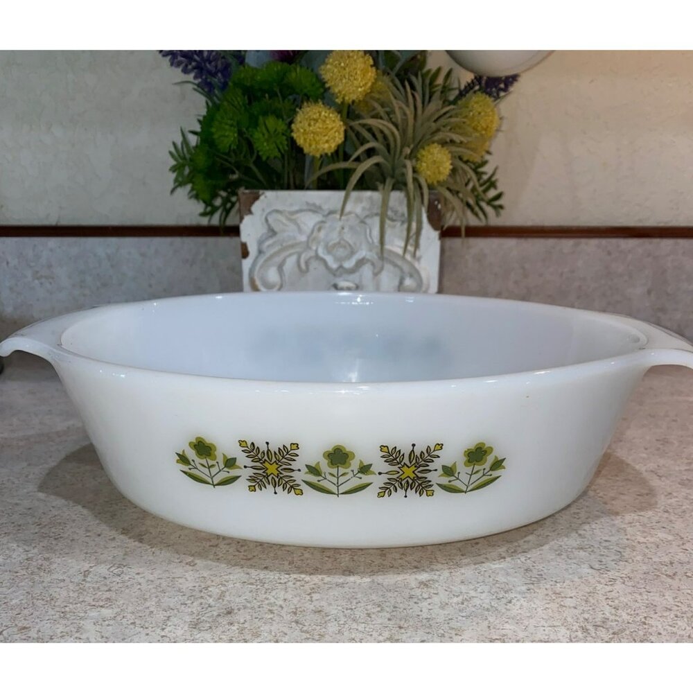 Vintage Fire King Oval Casserole Dish With Green Floral Design 1.5Qt Ovenware
